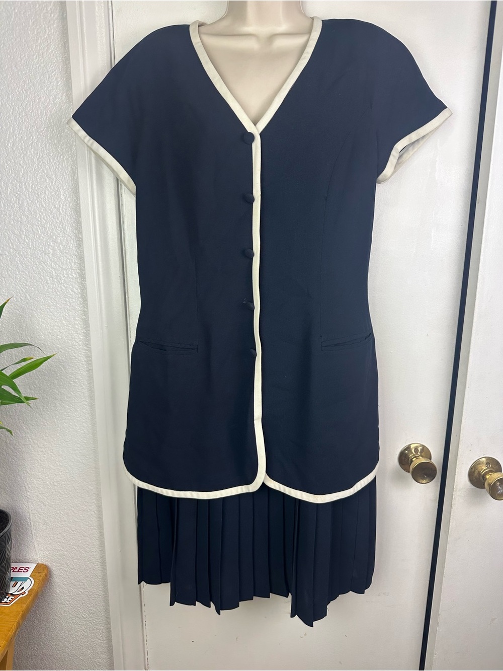 Marianna Navy and Ivory Trim Short-Sleeve Button Dress